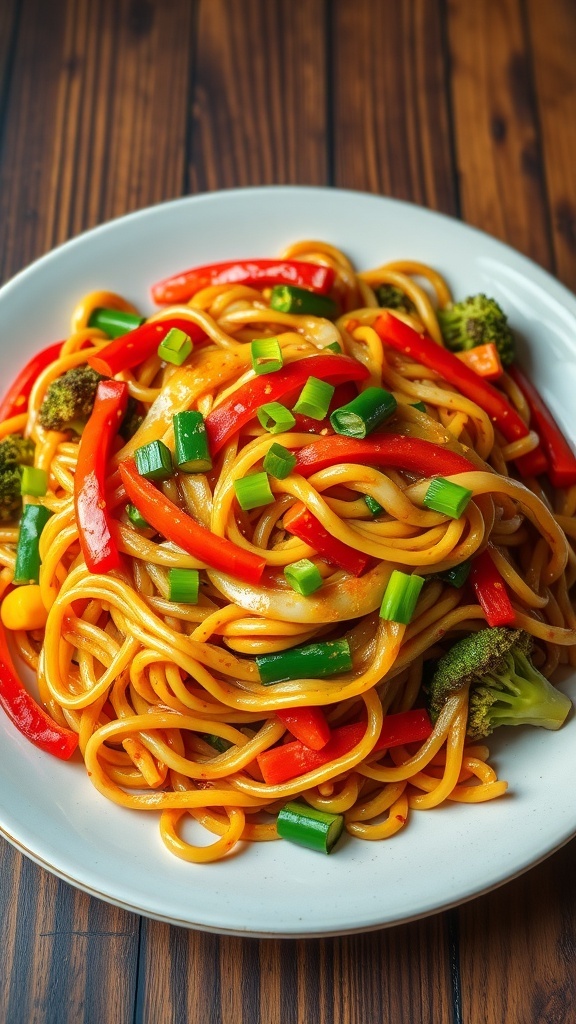 A plate of stir-fried noodles with vegetables, garnished with green onions, on a rustic wooden table.